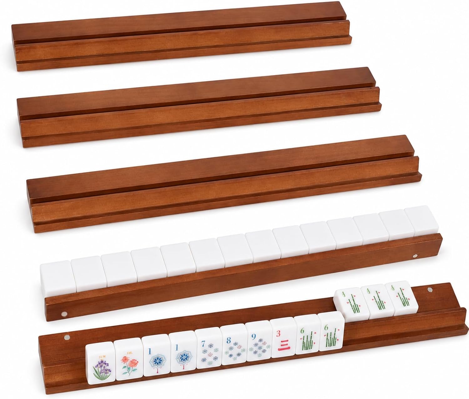 21-inch Wooden Mahjong Racks with Pushers Set of 4 – Mahjong Tile Racks for American Mahjong Tile Set, Essential Mahjong Accessories for Mahjong Night Game Play(Magnetic-Brown, Large)
