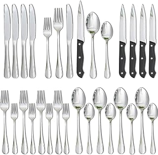 Silverware Set with Steak Knives 24-Piece Flatware Set for 4 Food-Grade Stainless Steel Cutlery Set Mirror Polished Utensils Set Include Spoons and Forks for Home Kitchen Restaurant
