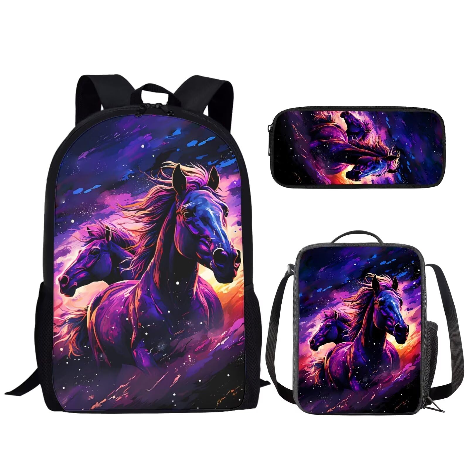 JEOCODY Galaxy Horse Girls School Backpack with Lunch Bag Pencil Case for Teens Elementary School Bookbag for Kids Elementary School Bags Set for