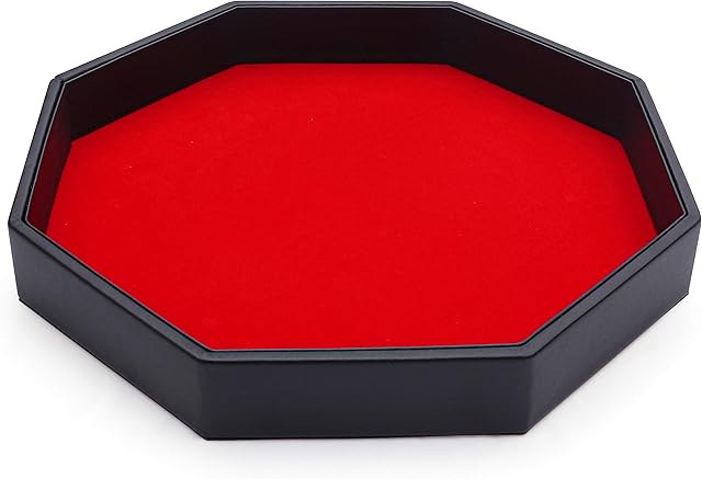 BELLE VOUS Black PU Leather and Red Velvet Octagon Rolling Dice Storage Tray - Dice Holder Box for Table Games Like RPG and DND/D&D - Catchall Tray for Jewellery