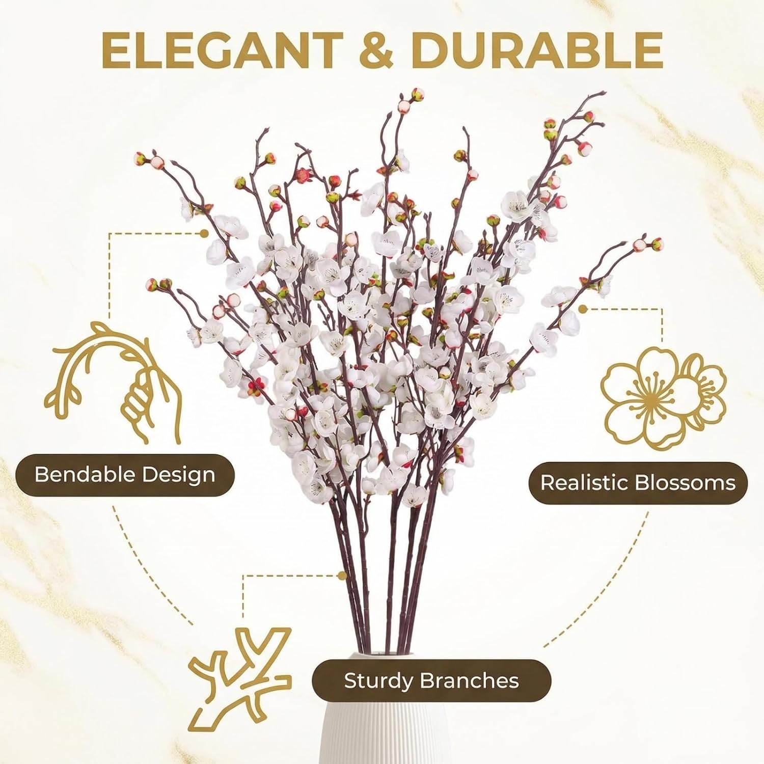 8pcs White Cherry Blossom Branches Artificial Flowers for Winter Spring Indoor Decoration,36" Plum Fake Peach Plants for Wedding Home Office Bedroom Party Decor (White, 36in)