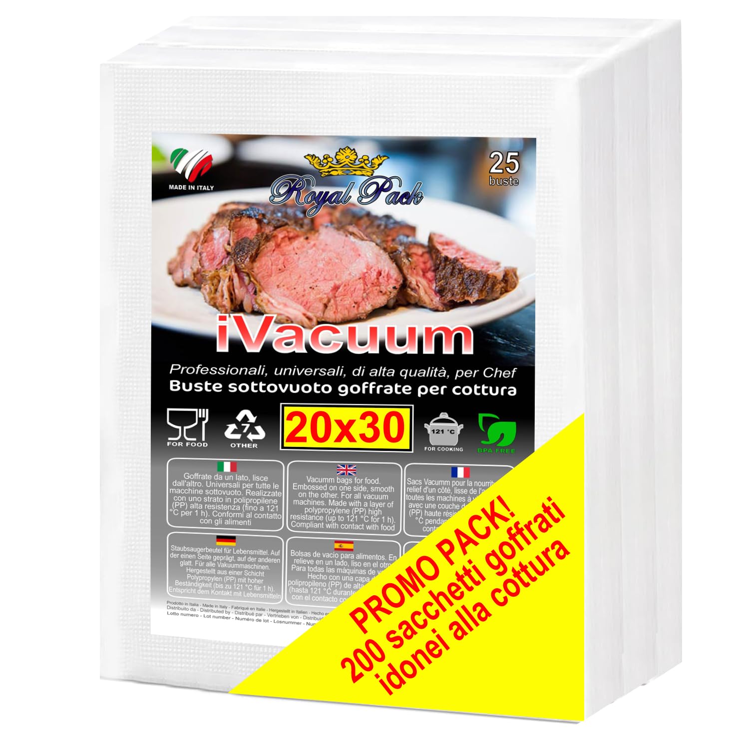 Royal Pack iVacuum sacchetti buste sottovuoto per alimenti goffrati PER COTTURA | 20x30 cm - 200 sacchi | alta qualità professionale | made in Italy | BPA free | universali | riutilizzabili