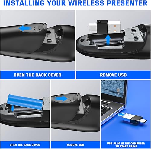 Vista 13 de Presentación recargable Clicker Presentador inalámbrico Control remoto USB PowerPoint PPT Clicker, puntero láser verde RF 2.4GHz Presentador remoto