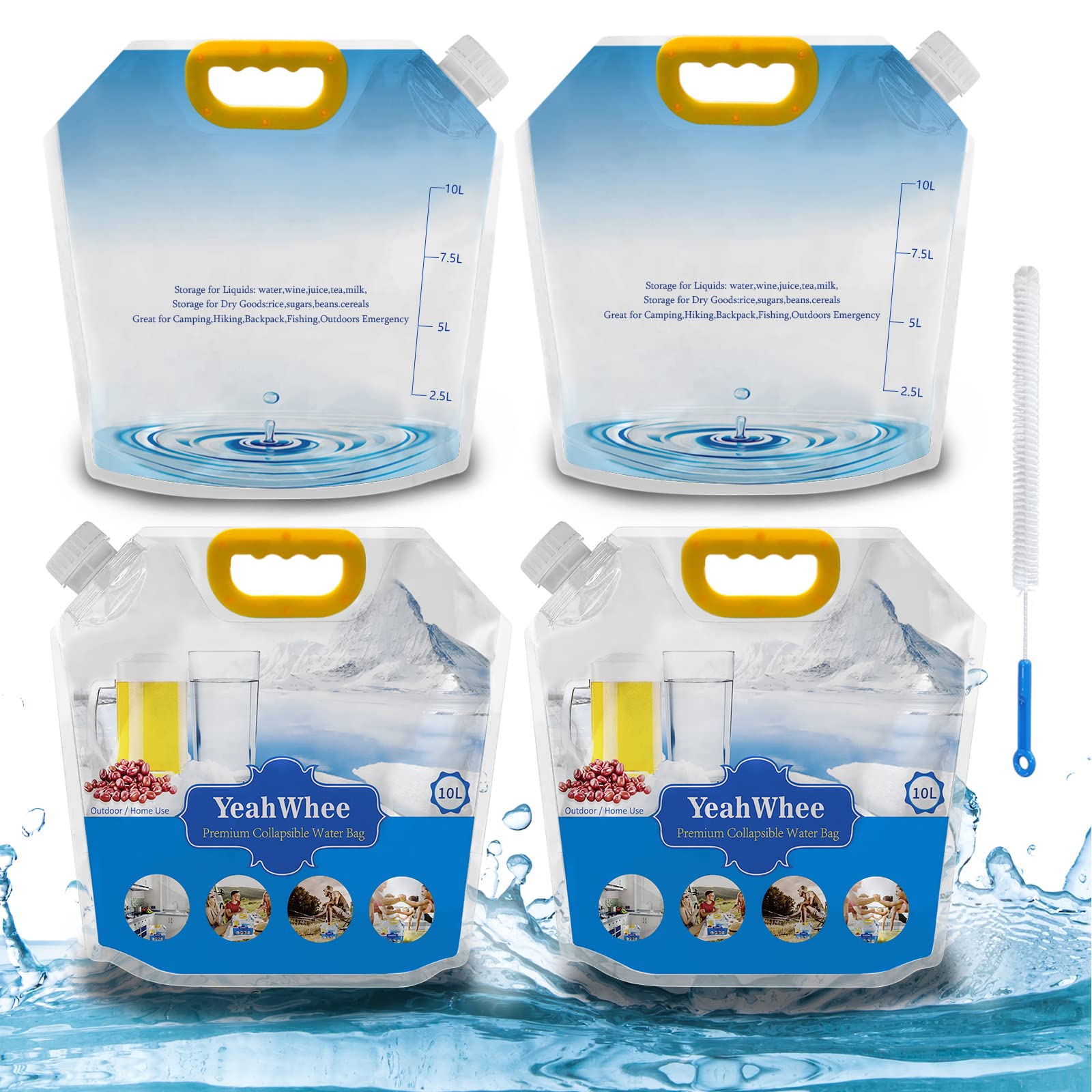 YeahWheeCollapsible Water Container, 4Pcs 2.6 Gallon Emergency Water Storage Containers BPA Free, Portable Water Bag, No-Leak Freezable Water Jugs for Camping Hiking Backpack Outdoors Travel