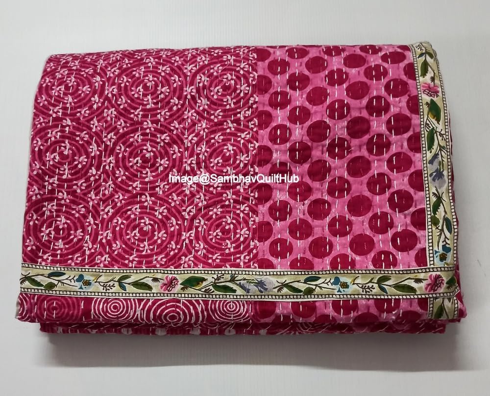 Pink Indigo Print with Less Cotton Handmade Handblock Quilted Blanket Cotton Indigo Print Bedspread Kantha Work Bohemian Bed Decor Block Throw Blanket Twin/King/Queen (108X108 inch)