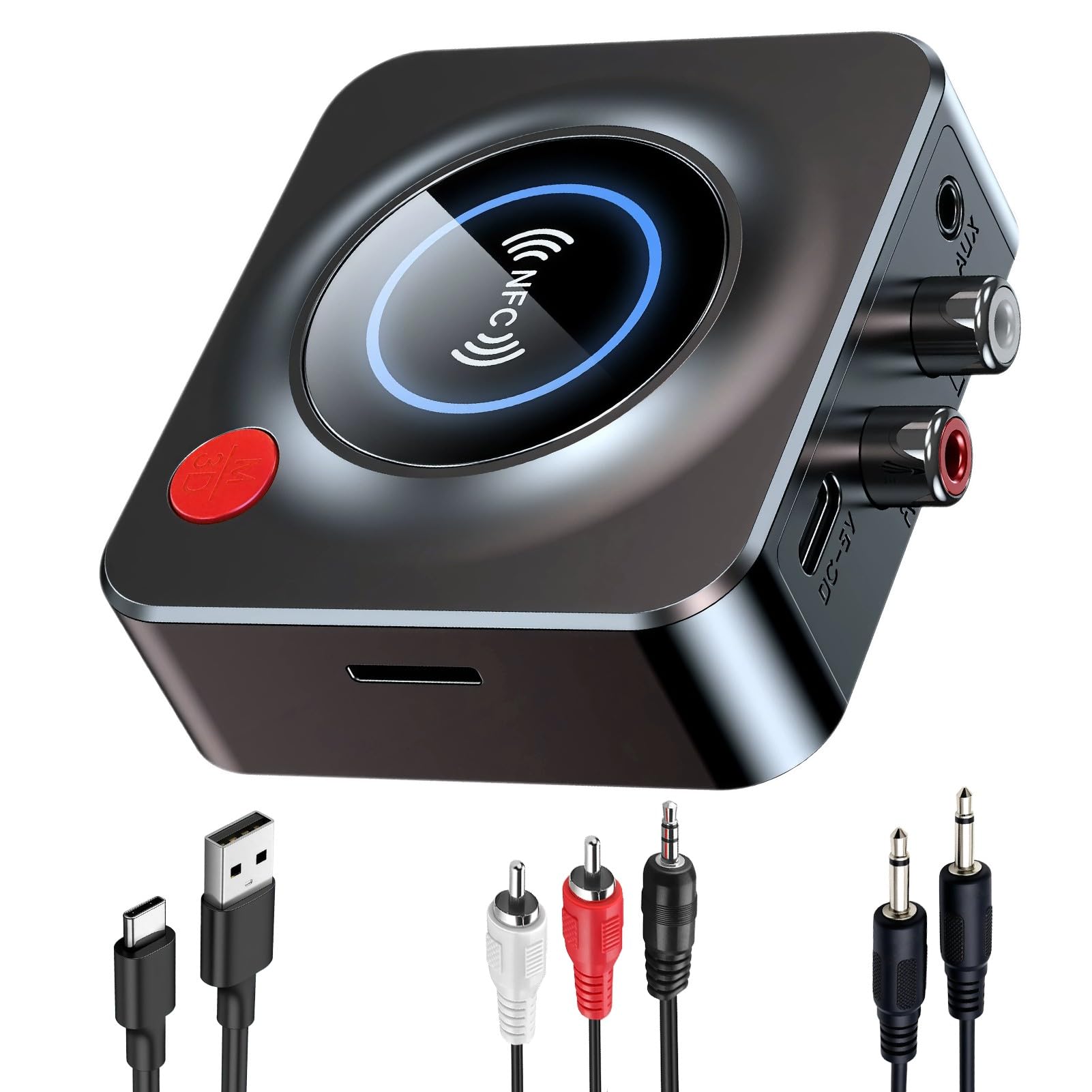 Bluetooth 5.1 Receiver, Wireless Bluetooth Adapter RCA 1/8" Jack AUX Stereo Audio Receiver for Car Smartphone Tablet Home Speaker Support TF Card and NFC Function