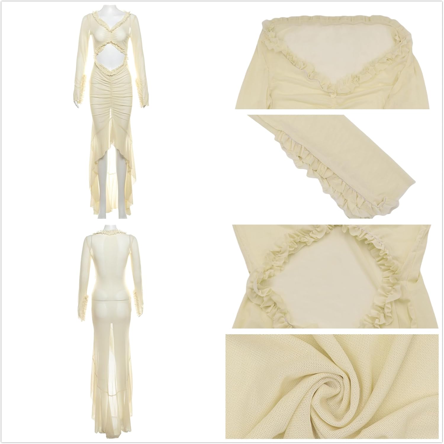 レディース セクシー 長袖 シースルー メッシュ マキシドレス ディープVネック フリル トリム 流れるようなシャーリング スプリッ