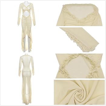 Amazon.com: Women Sexy Long Sleeves See Through Mesh Maxi Dress Deep V Neck Ruffle Trim Flowy Ruched Split Fishtail Long Dress Beige : Clothing, Shoes & Jewelry Amazon.com: Women Sexy Long Sleeves See Through Mesh Maxi Dress Deep V Neck Ruffle Trim Flowy Ruched Split Fishtail Long Dress Beige : Clothing, Shoes & Jewelry