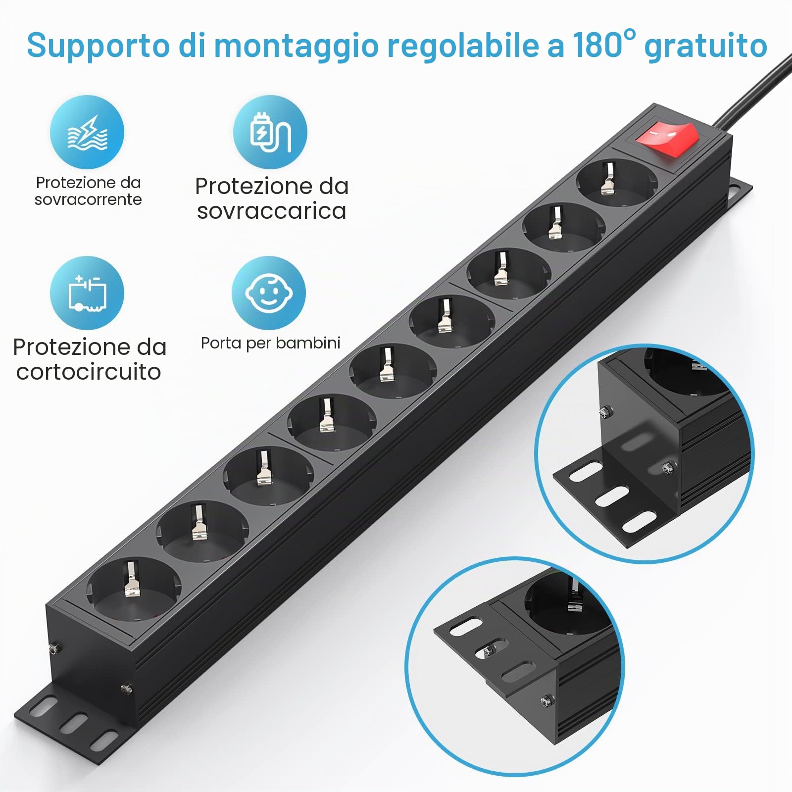 Multipresa Ciabatta Elettrica 9 Prese, Presa Multipla con Interruttore per Rack 19" in Alluminio, Protezione contro Sovratensione, Prolunga Elettrica 2 metri, 3500W/16A per Ufficio Casa, Nera