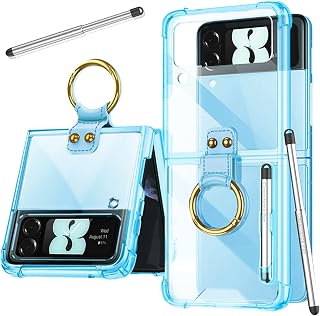 Miimall Compatible for Samsung Galaxy Z Flip 4 Case 2022 with Ring Holder + Capacitance Pen, Ultra-Thin Shockproof Crystal PC + Soft TPU Protective Cover Case fpr Samsung Z Flip 4 2022(Blue)