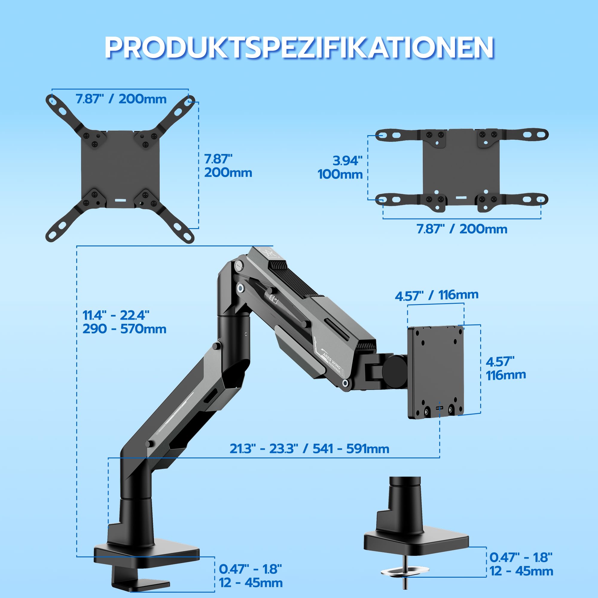 ARES WING Monitor Halterung für 24-57" Bildsch, Schwarz | Monitor Arm mit Gasfeder, Monitor tischhalterung bis 30 kg, VESA Max bis 200x200