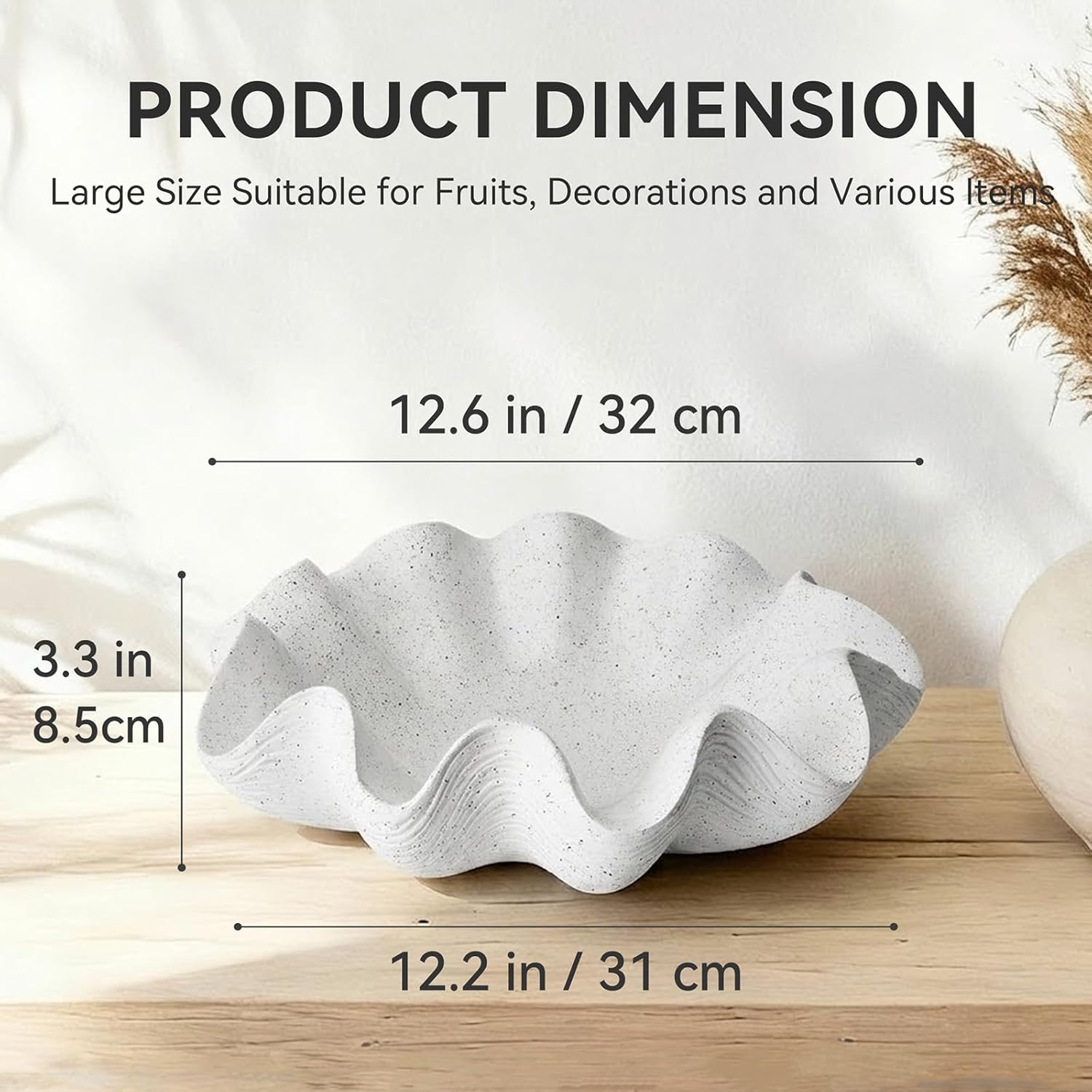 Scalloped Decorative Bowl Home Decor - 12.6" Modern Handicraft Large Shell Ruffle Decorative Fruit Bowl for Kitchen Counter, Chic Key Tray for Entryway Table, Artificial Stone White