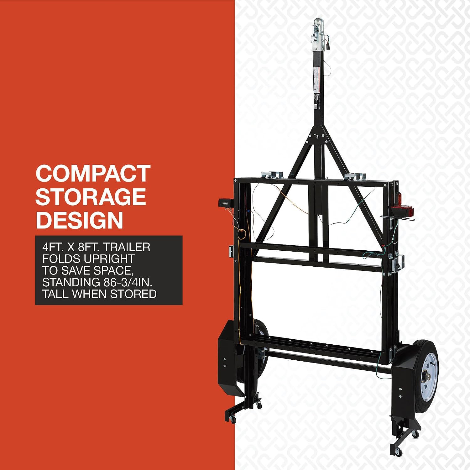 Ultra-Tow 4ft. x 8ft. trailer folded upright for storage