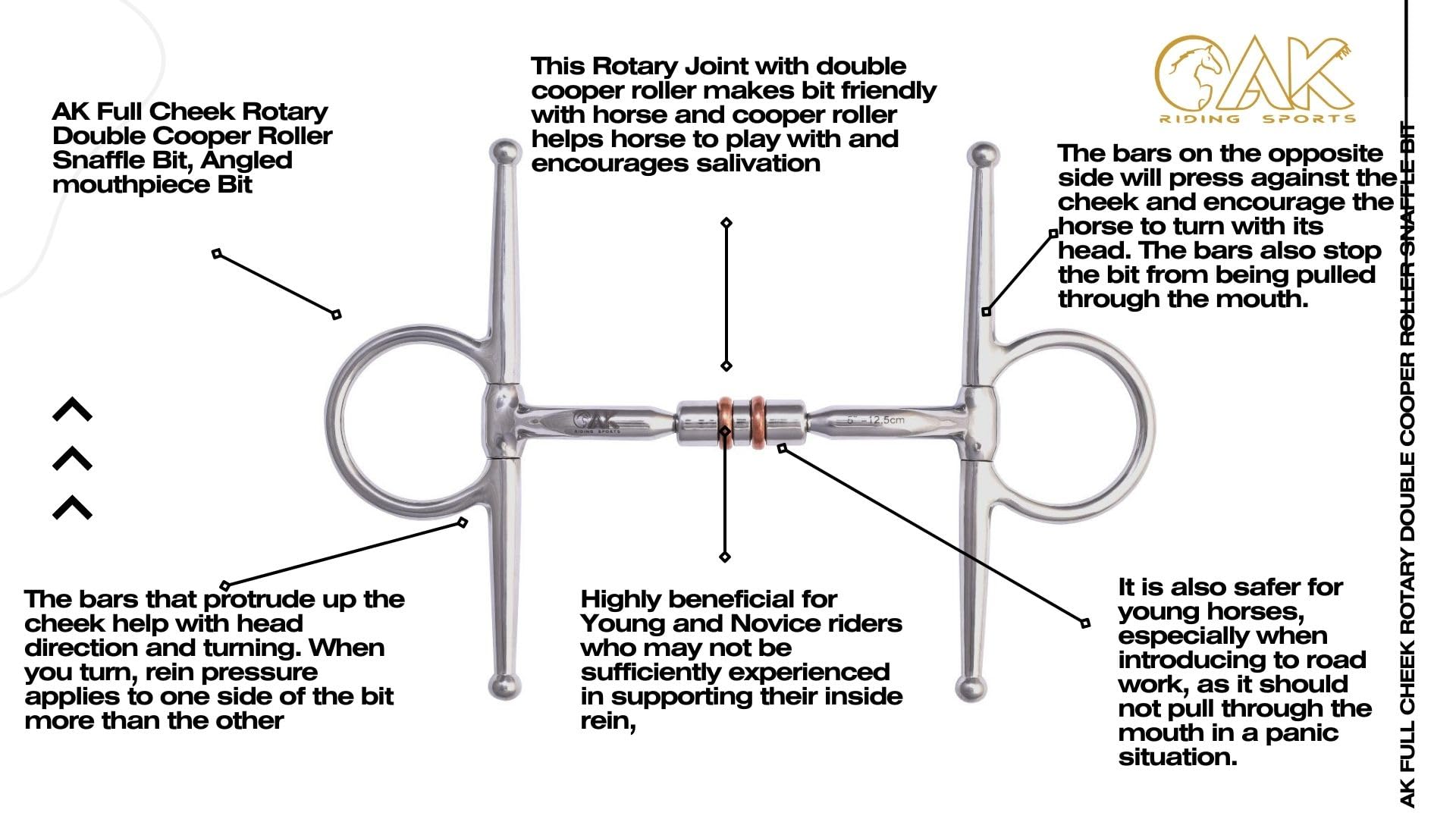 AK Full Cheek Rotary Double Cooper Roller Snaffle Mors d'équitation Horse Bit AKRS-2612 (4.75'', Silver)