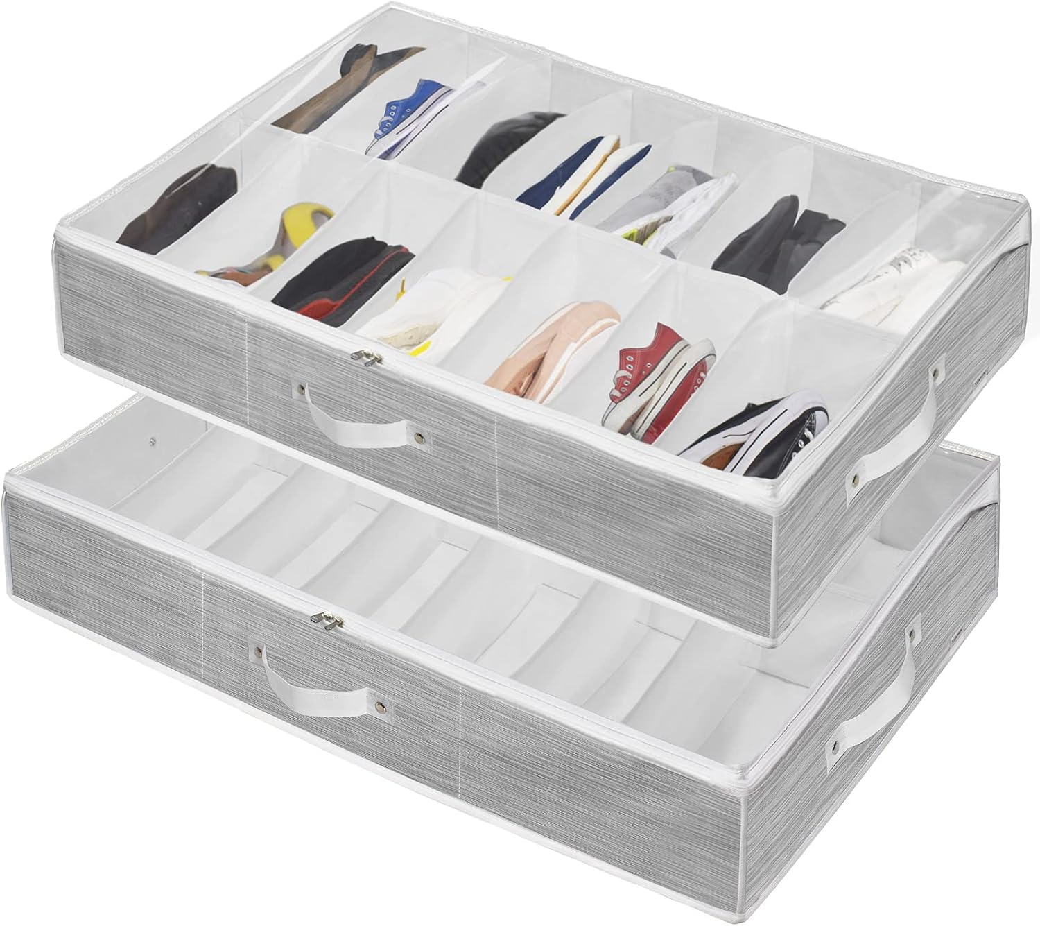 Under Bed Shoe Rack Organizer for Closet Fits 28 Pairs - Underbed Shoe Storage Bin Box Container with Clear Window Lid & 2 Sturdy Handles for Men Sneakers,Women High Heels,Set of 2 (Gray-White)