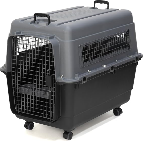 SportPet Airline Compliant X-LARGE 35.5 Travel Dog Kennel-Durable Plastic Airline Pet Carrier w/Removable Wheels & Food Bowls, Collapsible Indoor/Outdoor Dog Kennel, Dogs up to 32L & 23H-Dark Gray