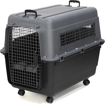 SportPet Airline Compliant X-LARGE 35.5 Travel Dog Kennel-Durable Plastic Airline Pet Carrier w/Removable Wheels & Food Bowls, Collapsible Indoor/Outdoor Dog Kennel, Dogs up to 32L & 23H-Dark Gray