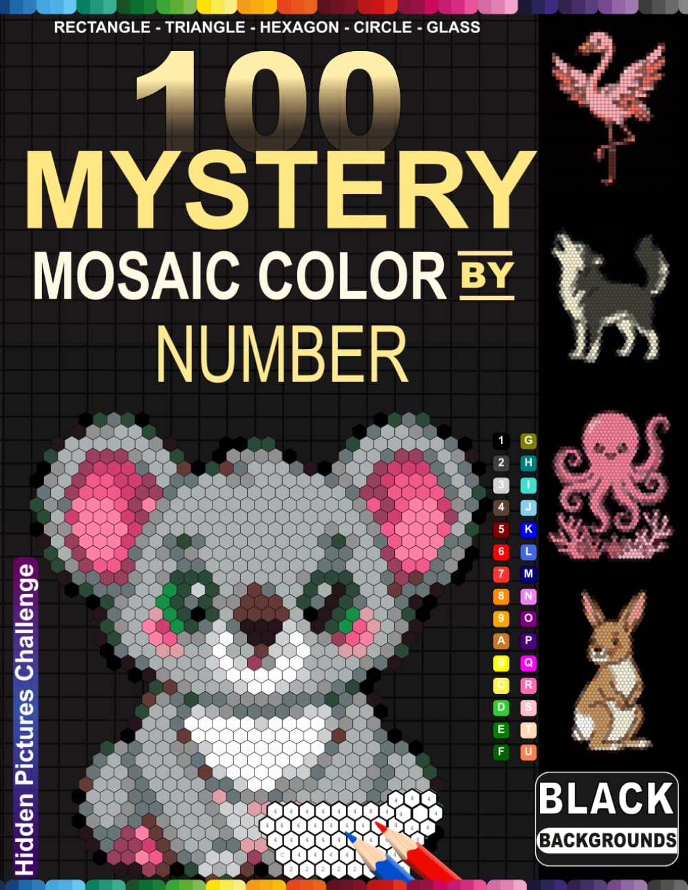 Cute Animals Color by Number Mystery Mosaic: 100 Hidden Cute & Baby Animals — Relaxing Mosaic Coloring Book for Adults, Teens & Seniors with Black Backgrounds