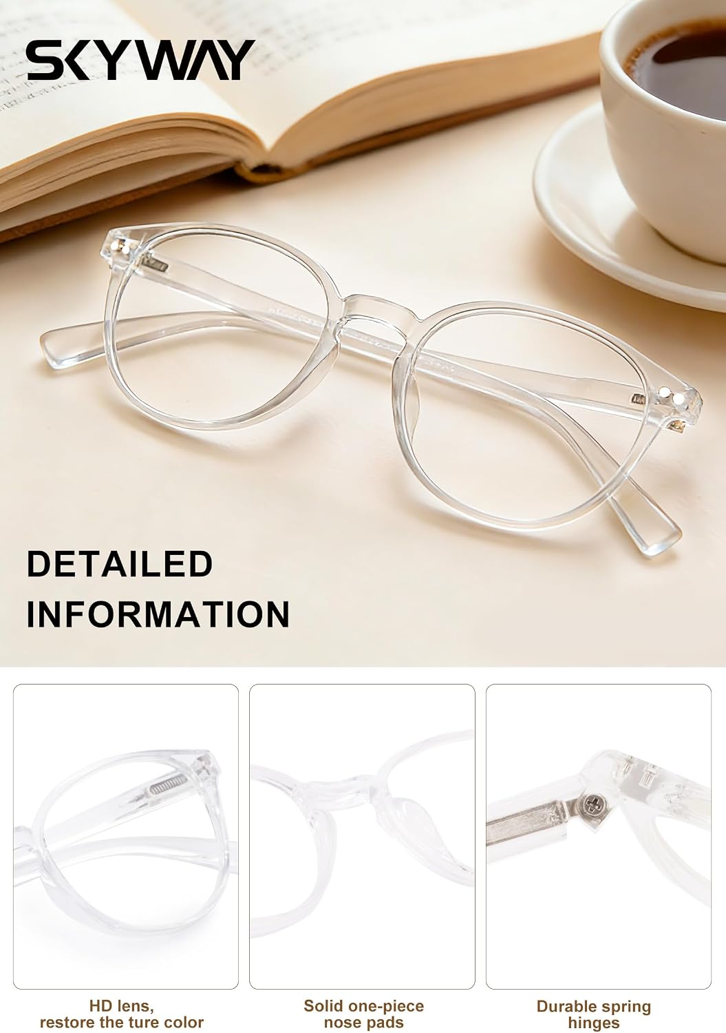 SKYWAY Blue Light Blocking Glasses Round Vintage Classic Black Frame Fashion Anti Glare Eyeglasses for Men Women image 3