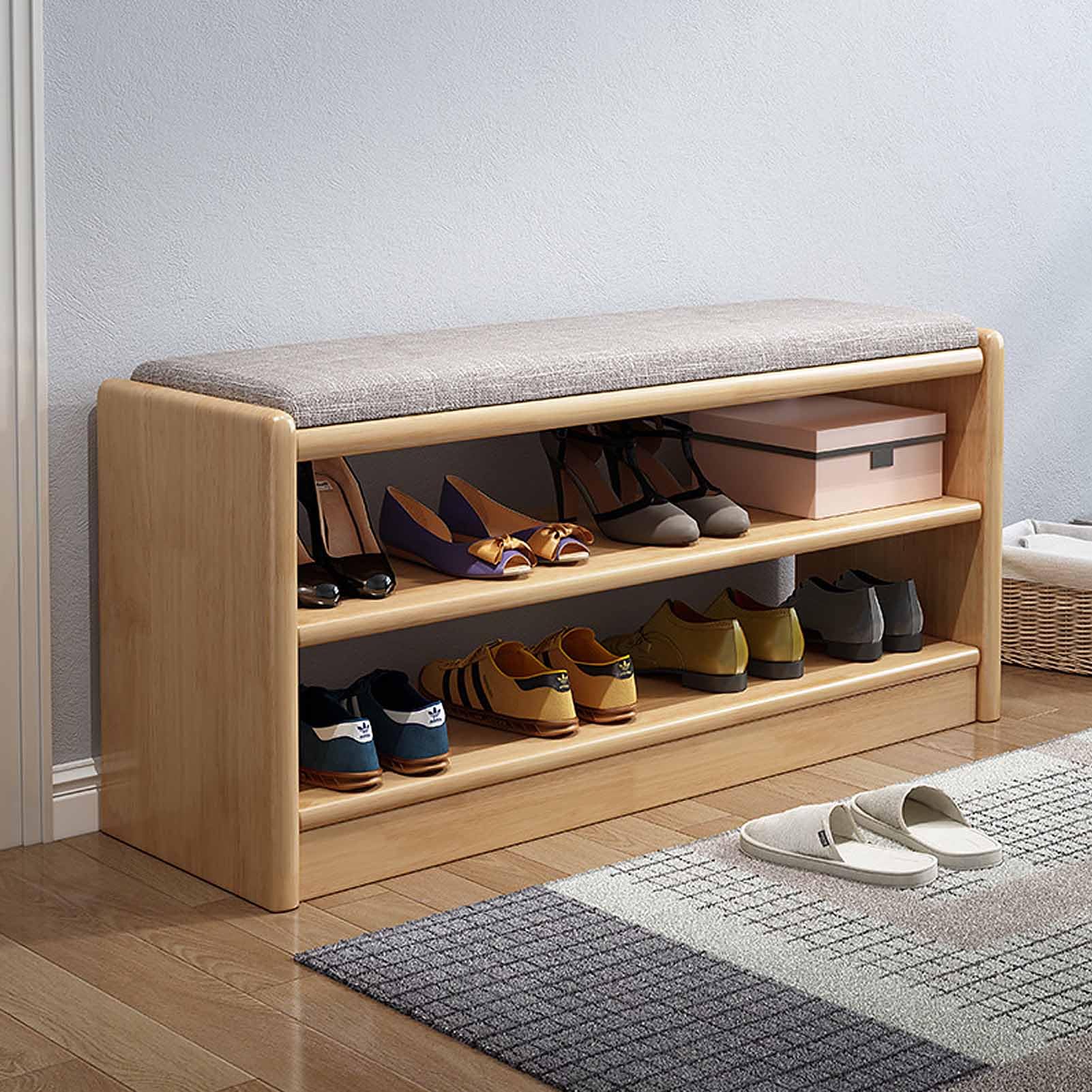 LWJSOCP Wooden Shoe Bench with Cushion – 2Tier Entryway Storage Rack for Shoes Perfect for Mudroom & Hallway Stylish and Functional Shoe Organizer