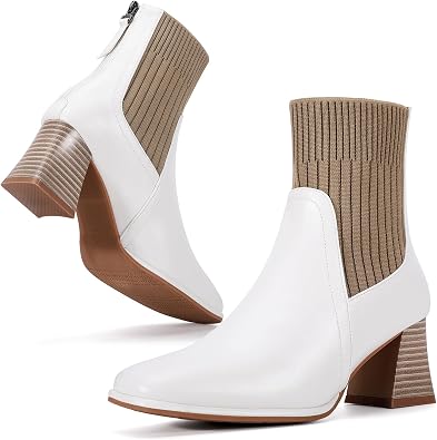 Womens Square Toe Ankle Boots Block Heel Chelsea Mid Calf Booties