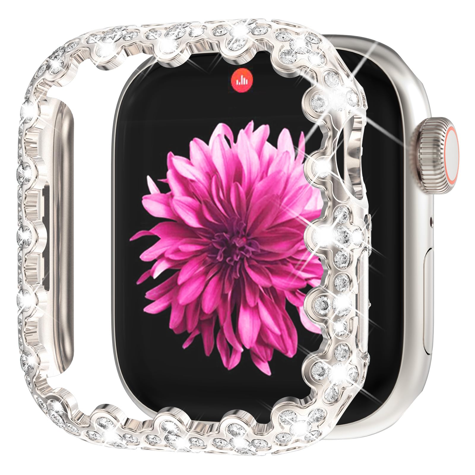 WINGLE Bling Bumper Case Compatible for Apple Watch Series 9/8/7 45mm Case, 4 Leaf Clover Diamond Protective Face Cover Lace Edge Hard PC Frame Protector for Apple Watch Case 45mm Women, Starlight