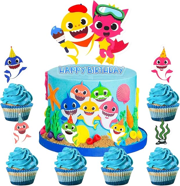 Party Supplies 7 Pieces Shark Cupcake Toppers Ocean Animals Theme Party Supplies Blue Cake Decorations for Kids Boy Girl Birthday Party Supply Decorations