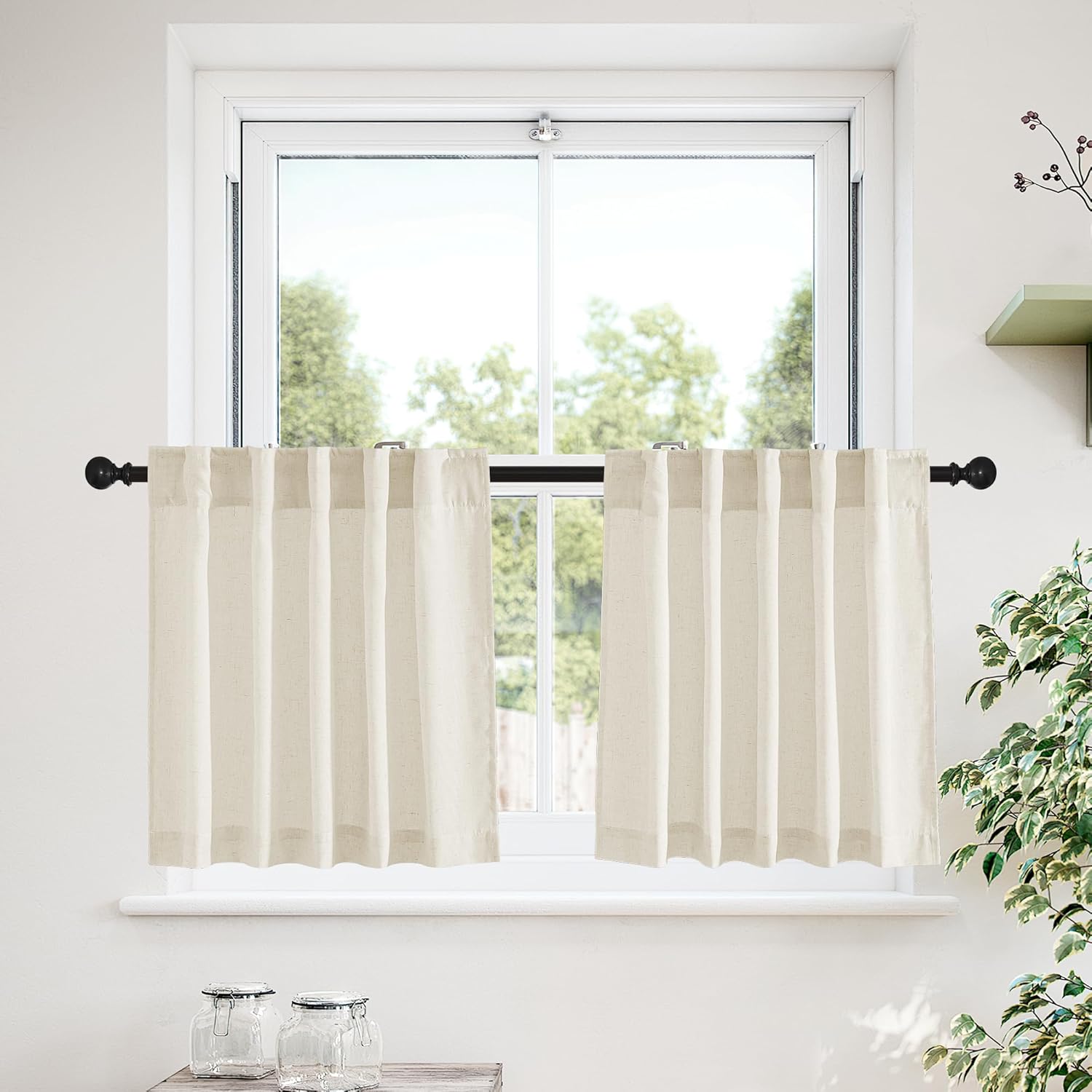 NICETOWN 2 Panles 55" x 84" Grommet Linen Curtains with 2 Panels 42" x 24" Rod Pocket & Back Tab Linen Valances for Living Room, Bedroom, Natural