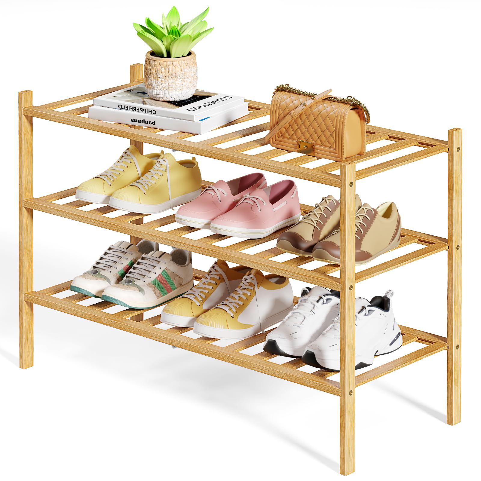 Kitsure Bamboo Wooden Shoe Rack for Closet - Stackable Shoe Organizer, 3 Tier