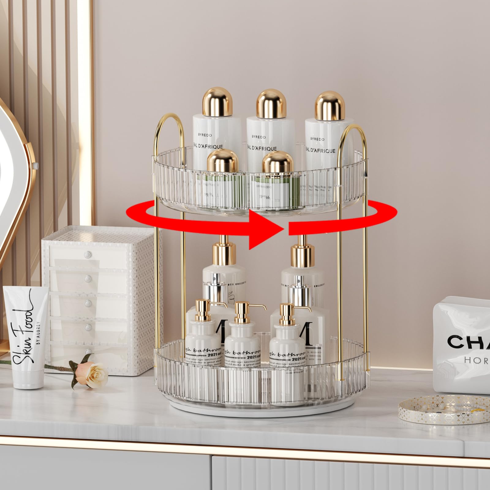 Imagen del producto: SAFONUS organizador giratorio 360° de 2 niveles para maquillaje y perfumes