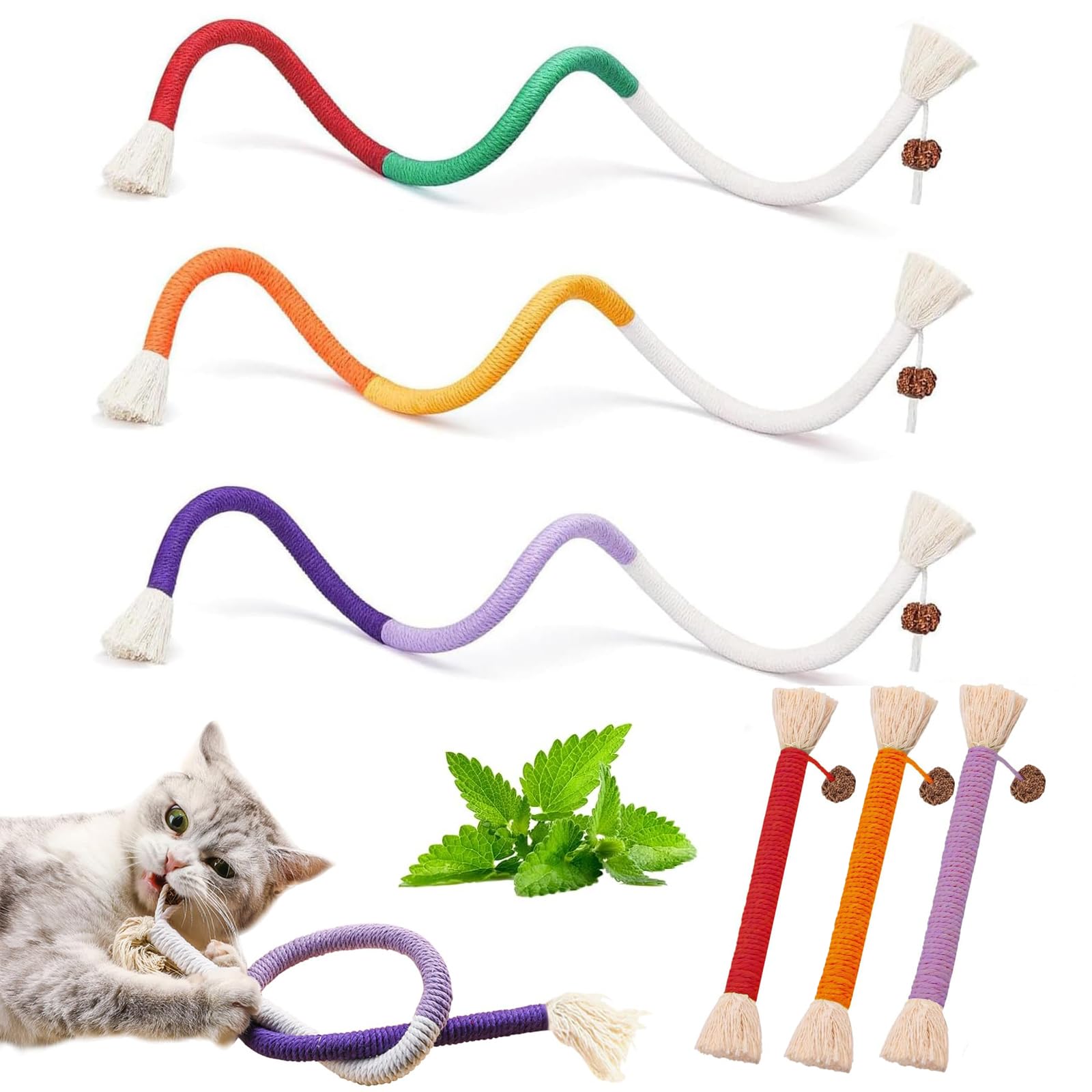 Mapneng 6 PCS Cat Chew Rope Toys, Indoor Catnip Teething Sticks for Kittens Dental Cleaning & Stress Relief