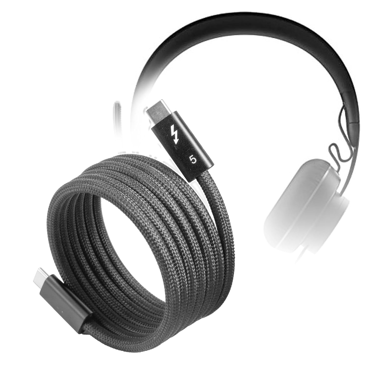 BoxWave Cable Compatible with Logitech Zone 900 Headset - SnapWrap Thunderbolt 5.0 Cable (5ft 240W), Magnetic Self-Coiling Nylon Braided Retractable - Jet Black