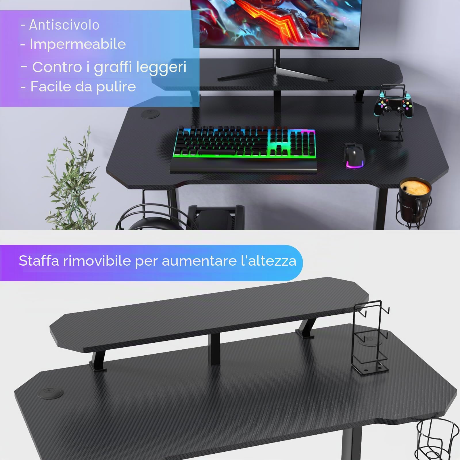 Scrivania da Gaming Scrivania per computer Tavolo per PC con portabicchieri e gancio per cuffie Scrivania con supporto per monitor 100x55x75 cm Nero