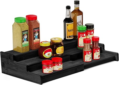 VenDotbi Organizador de especias, organizador de especias de bambú expandible de 3 niveles, ideal para armario de cocina, armario, despensa y más,