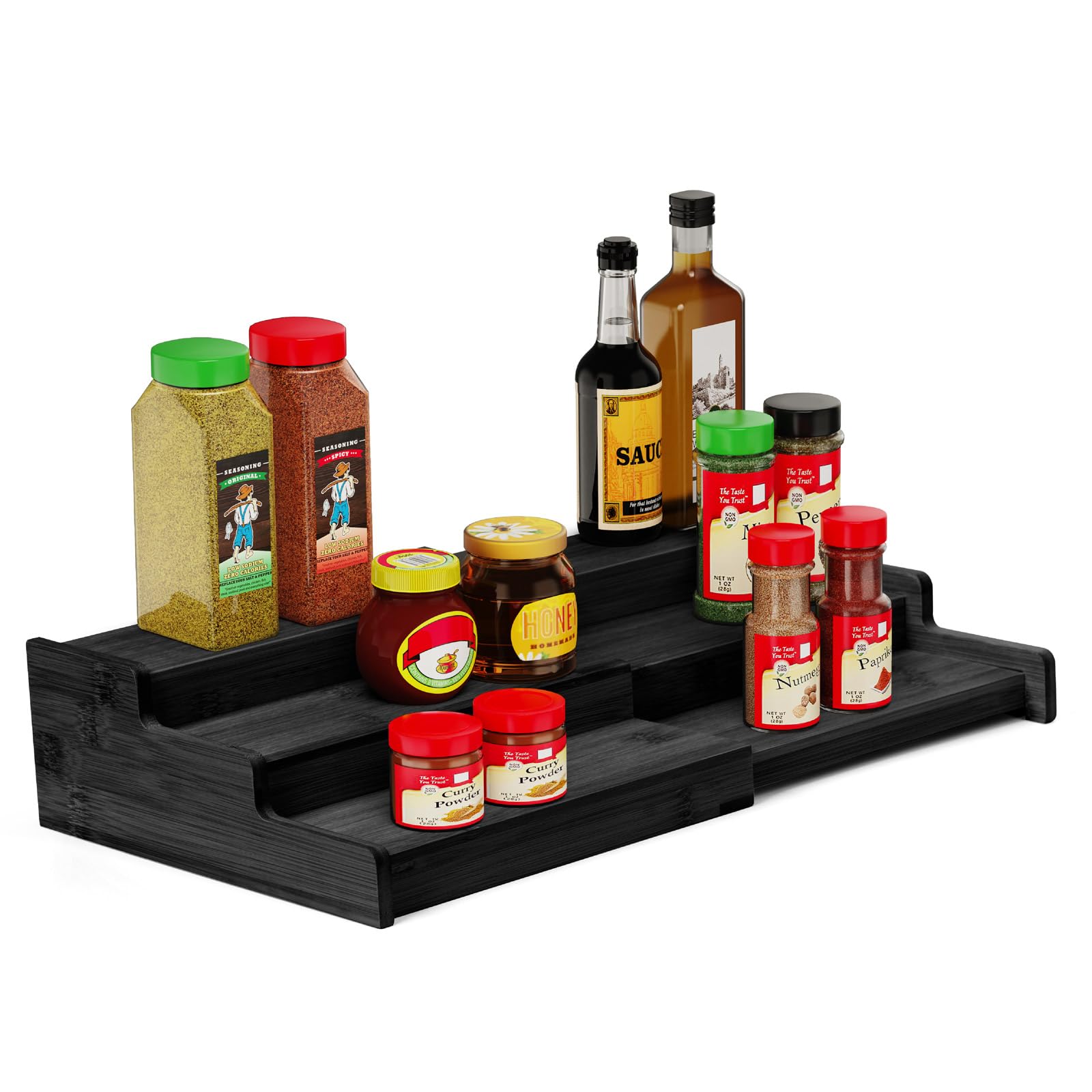 Spice Rack, 3-Tier Expandable Bamboo Spice Rack Organizer for Cabinet - Kitchen, Pantry and Cupboard Storage Organizer-Black