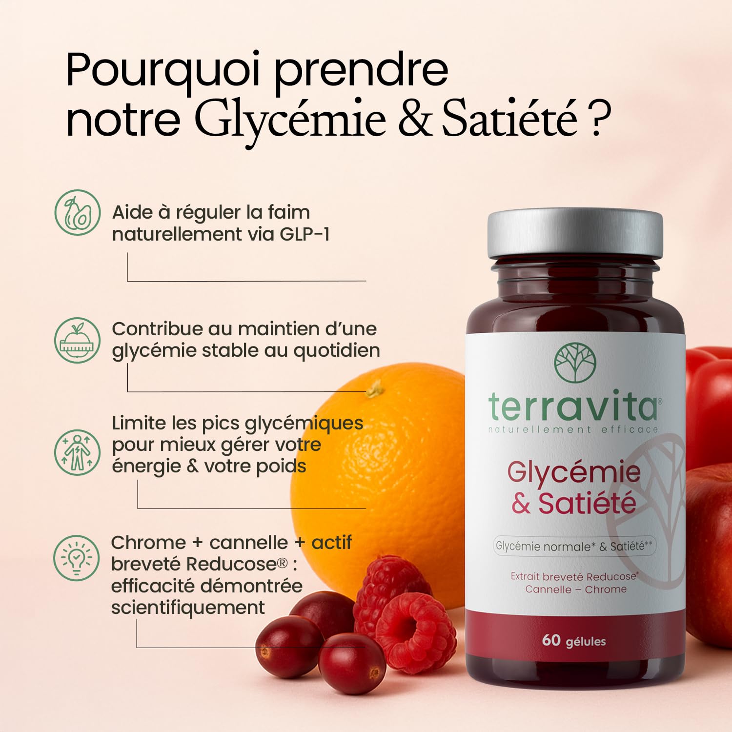 Complexe GLYCÉMIE | Reducose® + Cannelle + Chrome | Maintien d’une Glycémie Normale | 60 Gélules | Made in France | Terravita