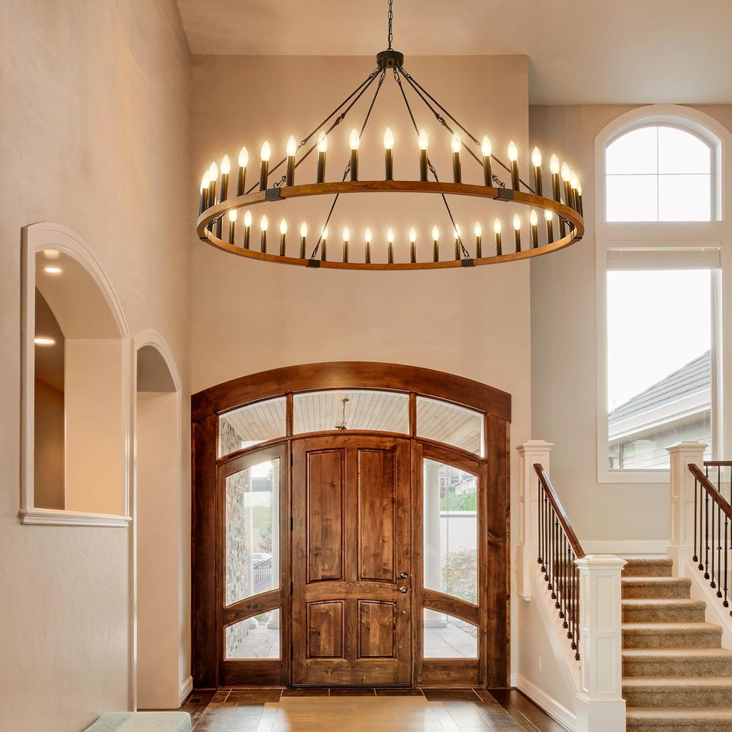 60-Inch Rustic Wooden Chandelier, 42-Light Extra Large Round Chandeliers for High Ceilings, Farmhouse Chandelier for Foyer Living Room Bedroom Entryway, E12