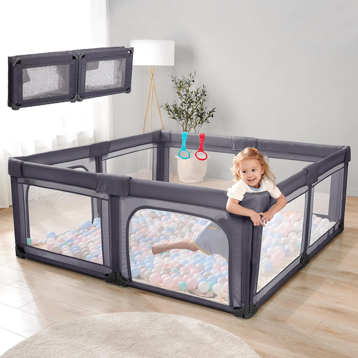 Cholena Play Pen 79"x59" Foldable Baby Playpen with Bottom – Play Yard for Contained Play Space, Indoor Safety Fence with Zipper Door（Deep Grey）