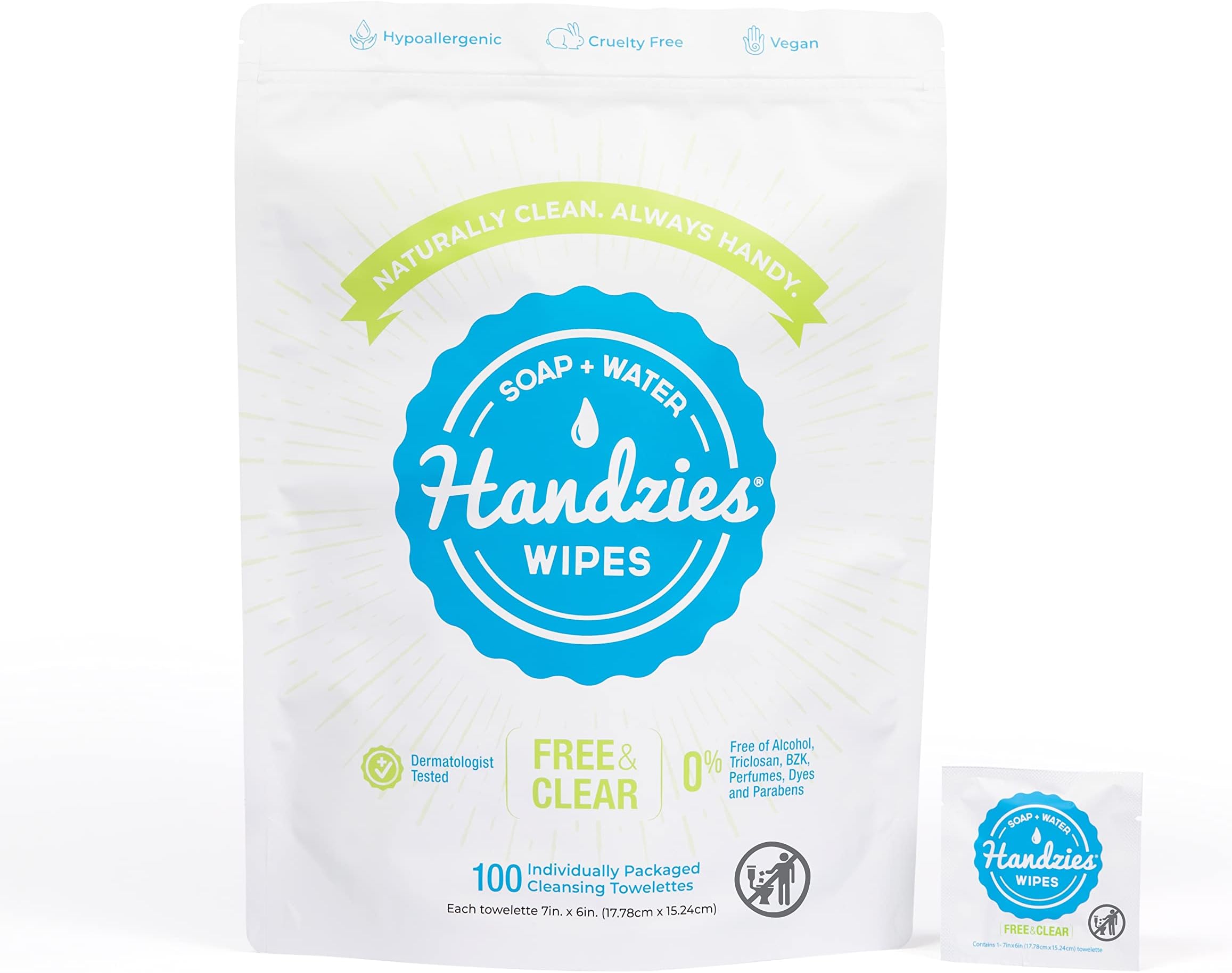 Handzies Natural Soap and Water Hand Wipes, Free and Clear, Individually Packaged Singles (100)
