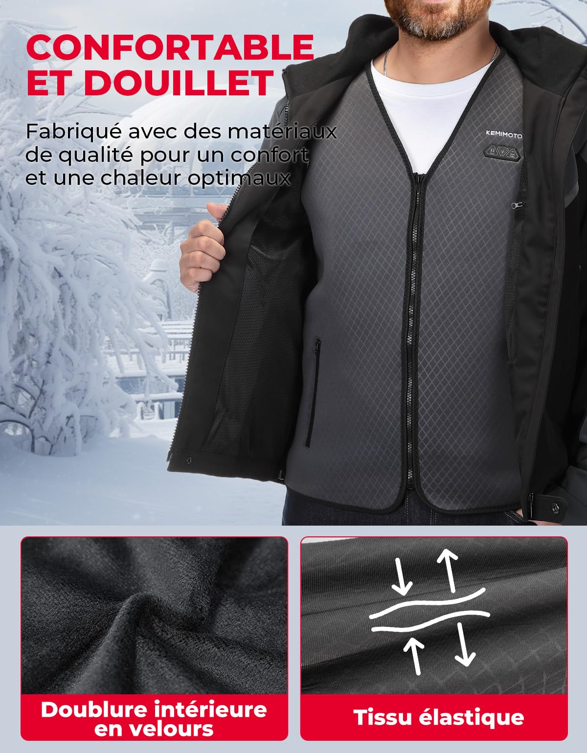 KEMIMOTO Gilet Chauffant Homme, 3 Niveaux de Chauffage et 6 Zones de Chaleur, Tissu de Plongée et Doublure en Velours Cristal pour Ski Pêche et Moto(Sans Batterie)