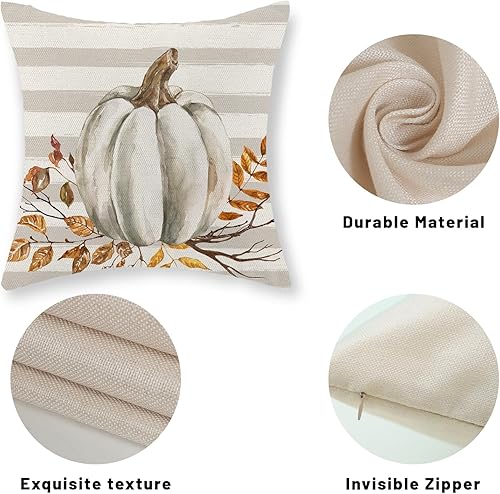 Miniatura 7 de Juego de 2 fundas de almohada de otoño de 16 x 16 pulgadas, ramas de hojas de calabaza y rayas, decoración de otoño, de lino, para Acción de