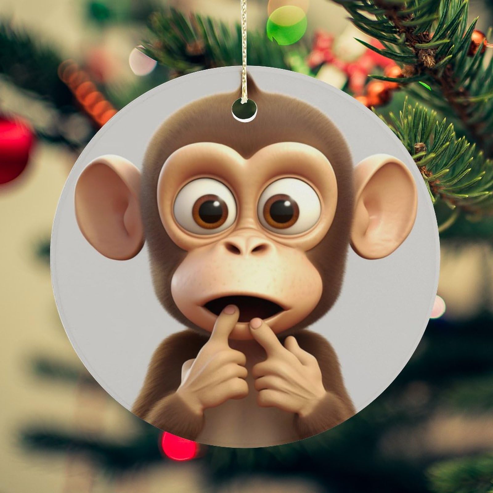 The Silent Monkey Christmas Ornament for Christmas Tree Ceramic Round Ornament Winter Holiday Keepsake Gift 2.7" Christmas Tree Hanging Decorations Circle Ceramic Pendant Xmas Gift