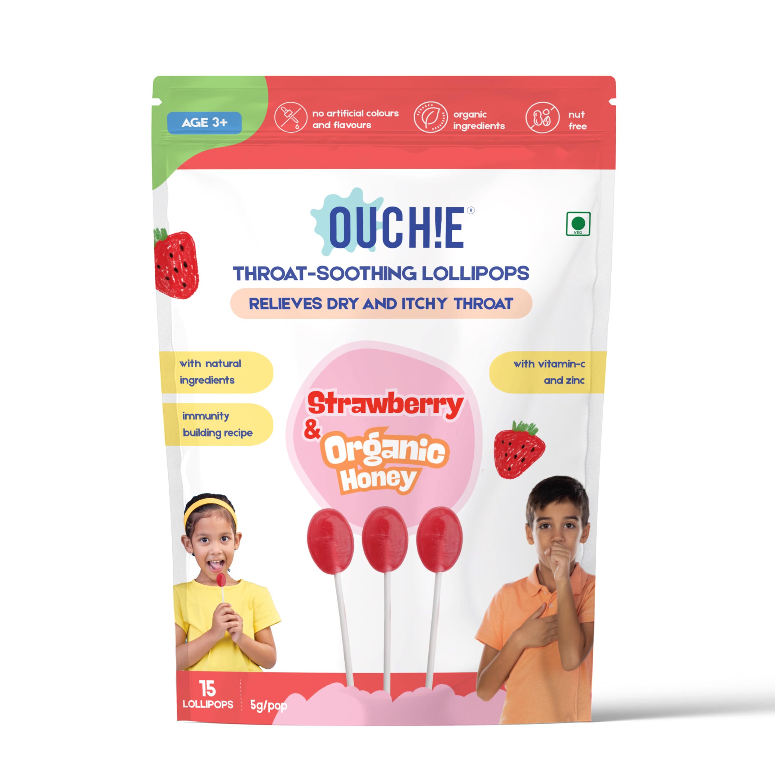 Kids Throat-Soothing Lollipops – Strawberry with Organic Honey, Vitamin C & Zinc | Helps Relieve Dry & Itchy Throat | Immunity Support | 15 Lollipops-image-27