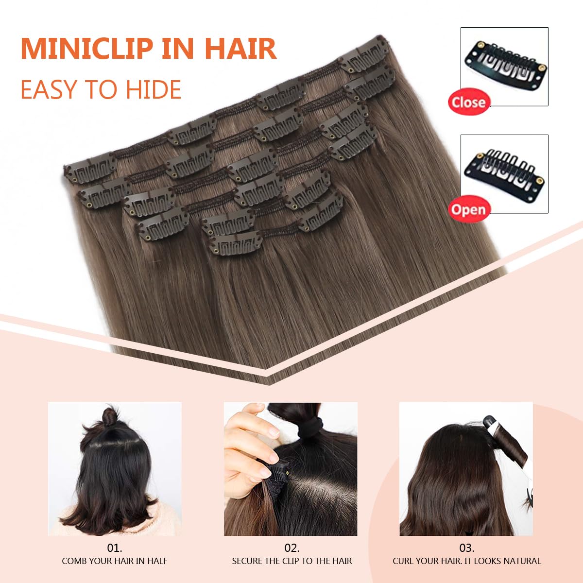 XDhair Clip in Hair Extensions Human Hair 16Inch 100g 6psc Ombre Ash Brown Highlighted with Blonde Clip in Human Hair Extensions #8/60 16inch - Image 4