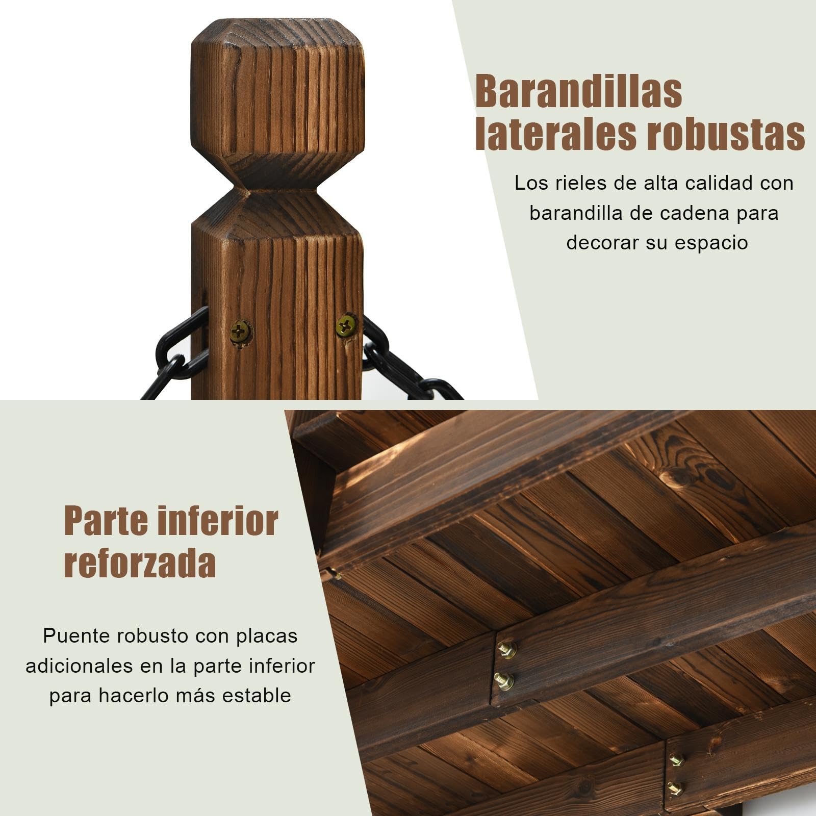 SOARS Puente de Jardín Madera con Barandilla y Cadenas, Puente de Pie Decorativo de Abeto con Capacidad de Carga de hasta 180 Kg, 150 x 67 x 55 cm, Puente Decorativo para Jardín, Estanque y Arroyo