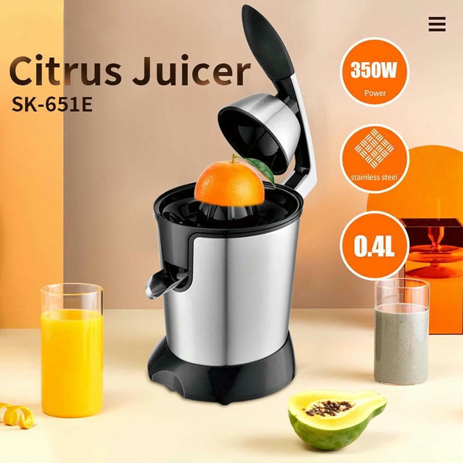 Electric Citrus Juicer, Fruit Machine Masticating Juicer, Portable Stainless Steel Juicer for Lime, Grapefruit Lemon