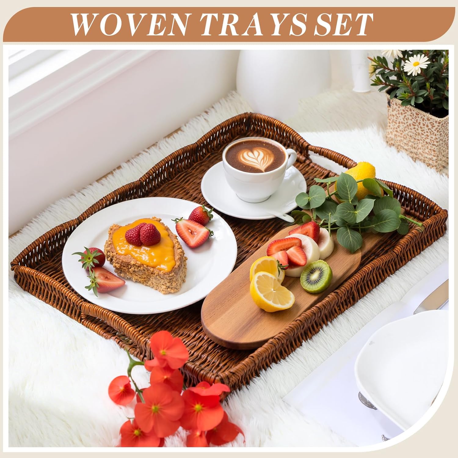 4 Pcs Large Wicker Serving Tray Scalloped Wicker Rectangle Tray for Foods & Drinks, 16.5" Boho Rattan Decorative Serving Basket with Handle for Coffee Table Breakfast Modern Rustic Home Decor