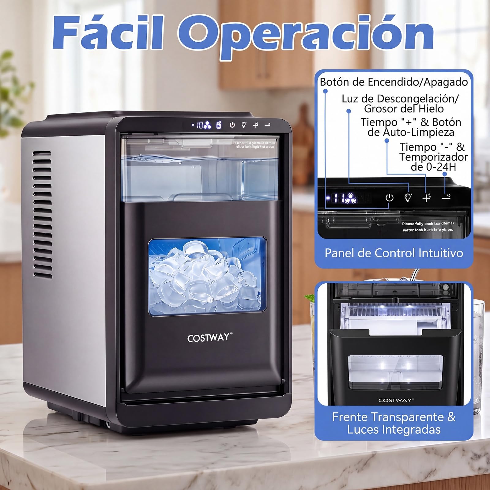 COSTWAY Máquina de Hielo de Sobremesa, 12 kg/Día, 16 Cubitos en 15 Minutos | Maquina de Hacer Hielo con Grosor Ajustable,Autolimpieza,Panel de Control, Pala y Cesta, Casa/Cocina/Oficina/Bar