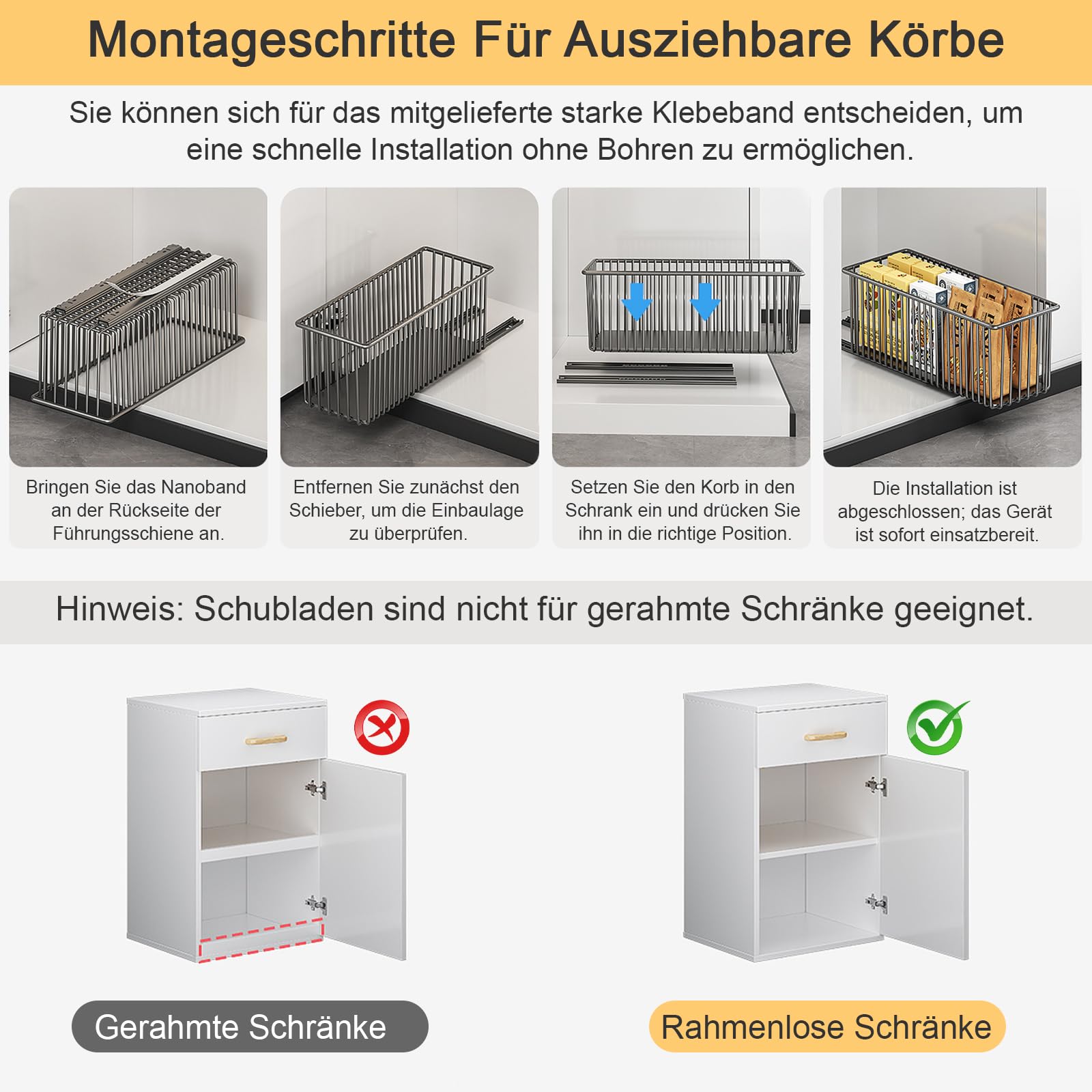 4er-Pack ausziehbare Korbschubladen für Schränke, abnehmbarer Zugkorb, ausziehbare Korbschubladen, Speisekammerorganisation Küche Aufbewahrungsregal Korb für Schrank, Restaurant, Badezimmer