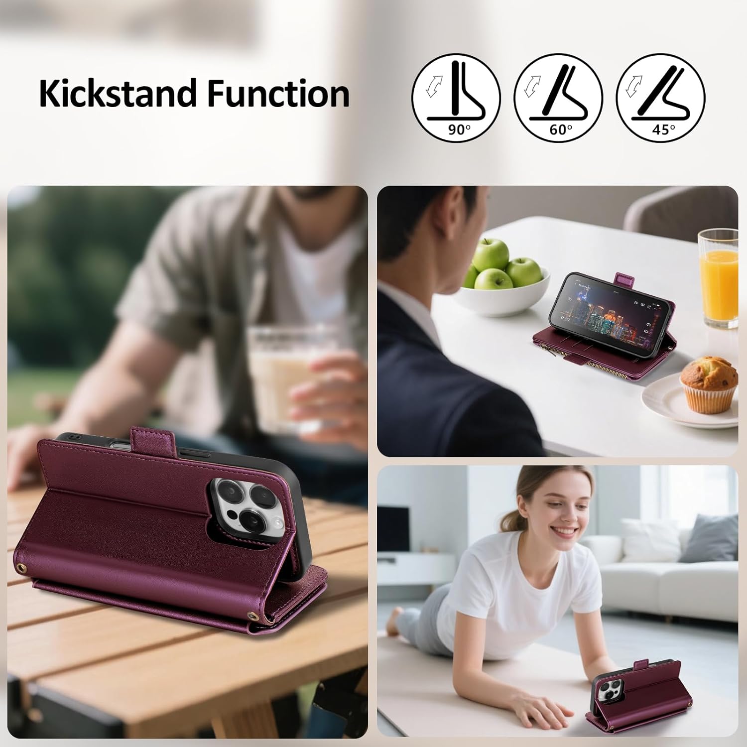 Antsturdy Compatible with Magsafe Magnetic 2 in 1 Detachable iPhone 16 Pro Wallet Case with Credit Card Holder Slots,PU Leather RFID Blocking Phone Cover Wrist Strap Zipper Women Men,Wine Red - Image 6